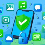A hand holding an Android phone showing the Google Play Store with a green safety shield, illustrating how to download apps safely