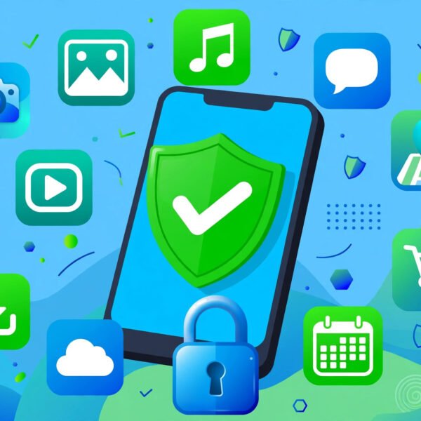 A hand holding an Android phone showing the Google Play Store with a green safety shield, illustrating how to download apps safely