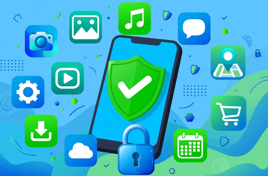A hand holding an Android phone showing the Google Play Store with a green safety shield, illustrating how to download apps safely