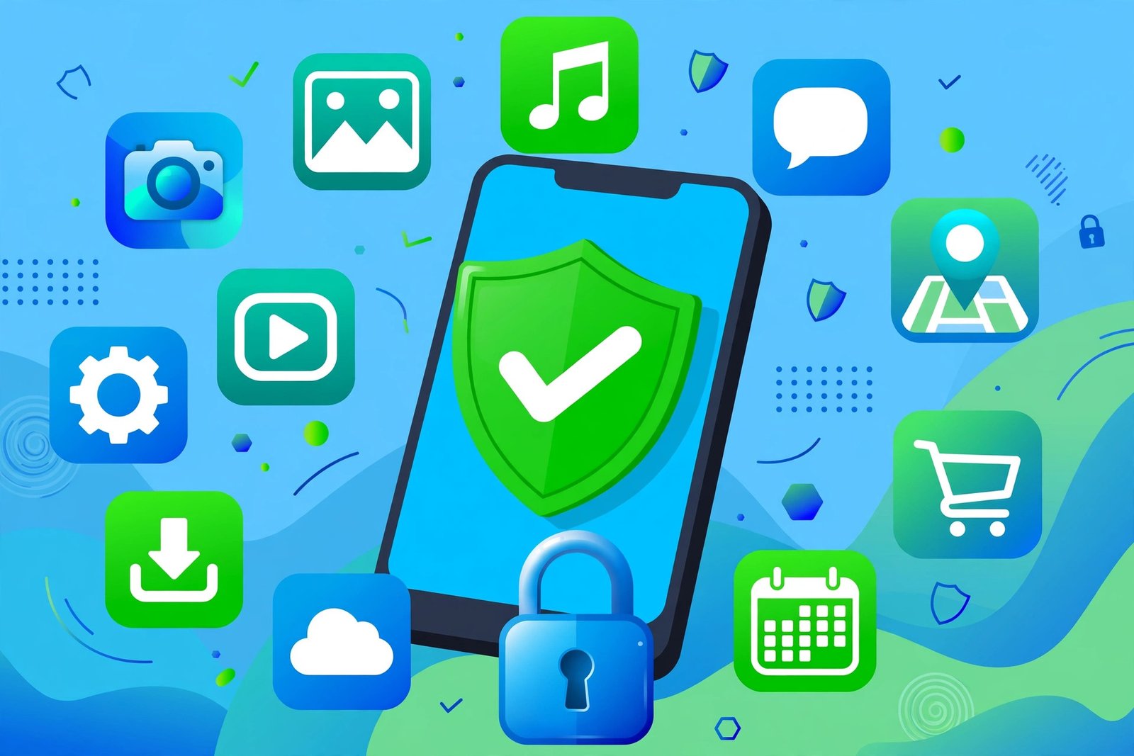 A hand holding an Android phone showing the Google Play Store with a green safety shield, illustrating how to download apps safely